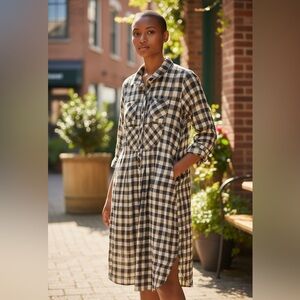 THE GREAT Bohemian Gingham‎ Plaid Midi Shirt Dress Cotton Flannel 0